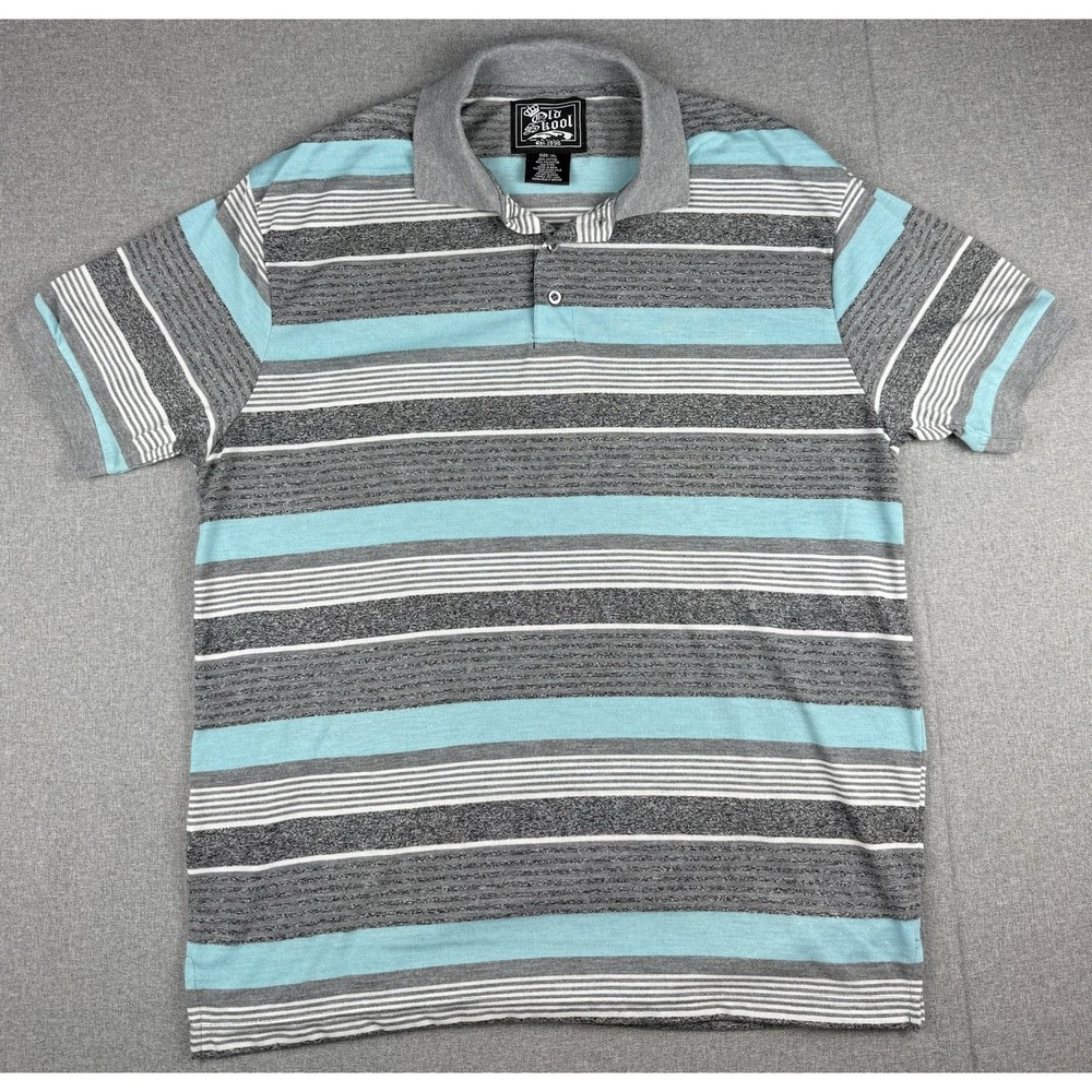 Old Skool Mens XL Polo Shirt Gray Blue Striped Short Sleeve Cotton Blend